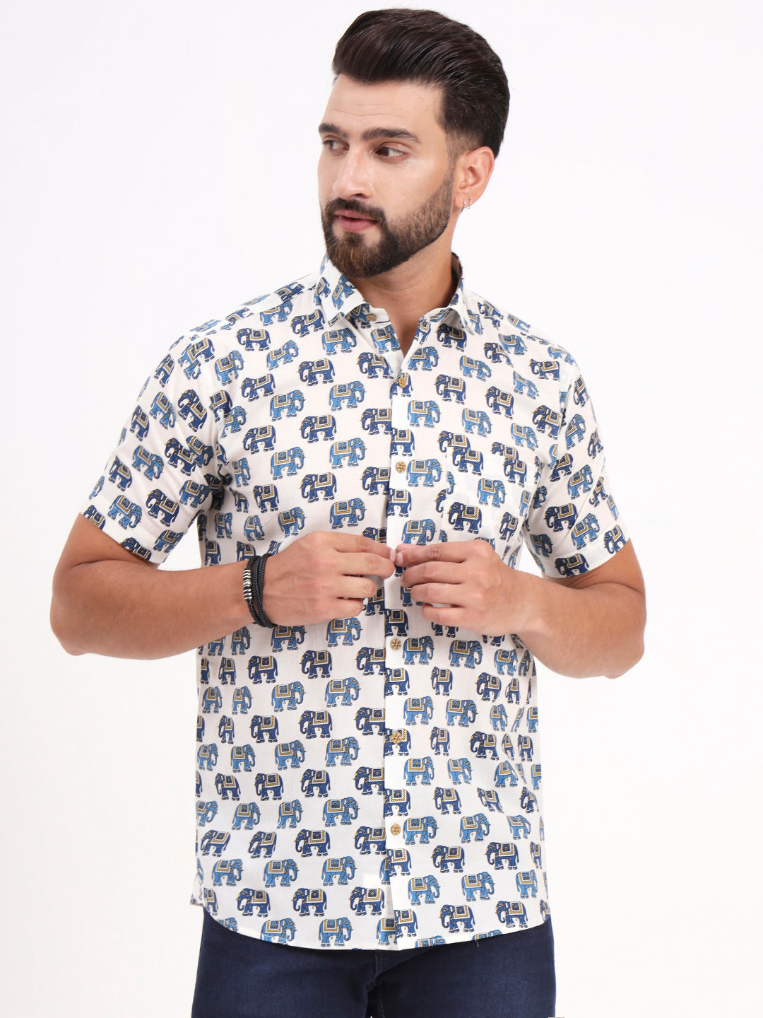MILLENNIAL MEN White Animal Printed Half Sleeves Shirt