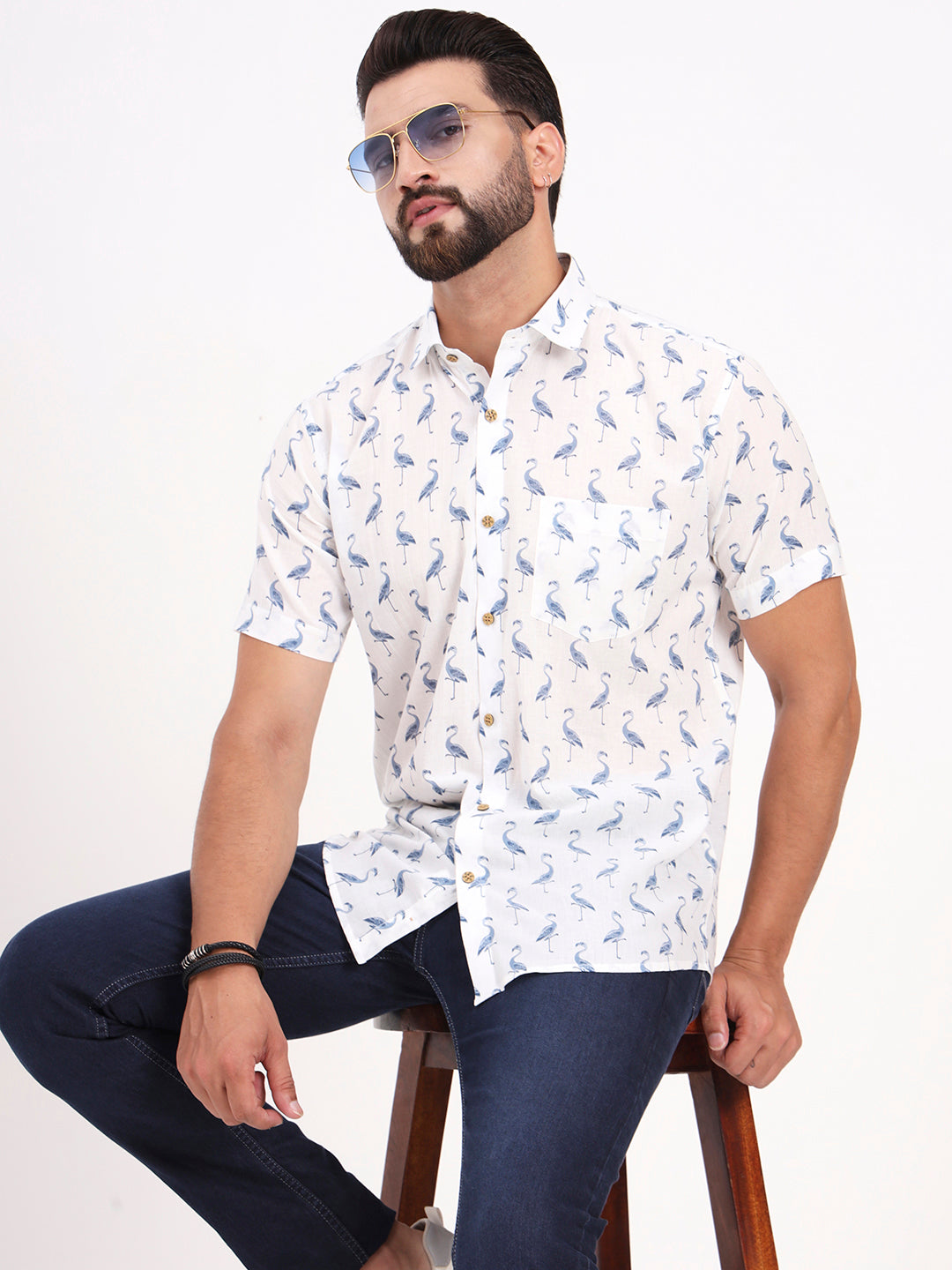 MILLENNIAL MEN White Animal Printed Half Sleeves Shirt