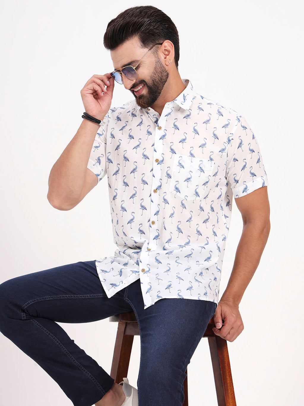 MILLENNIAL MEN White Animal Printed Half Sleeves Shirt