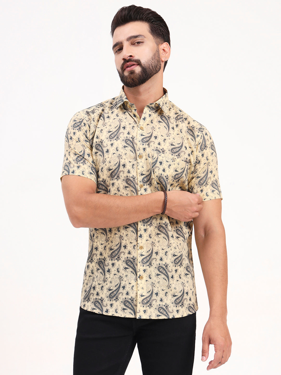 MILLENNIAL MEN Beige Paisley Printed Half Sleeves Shirt