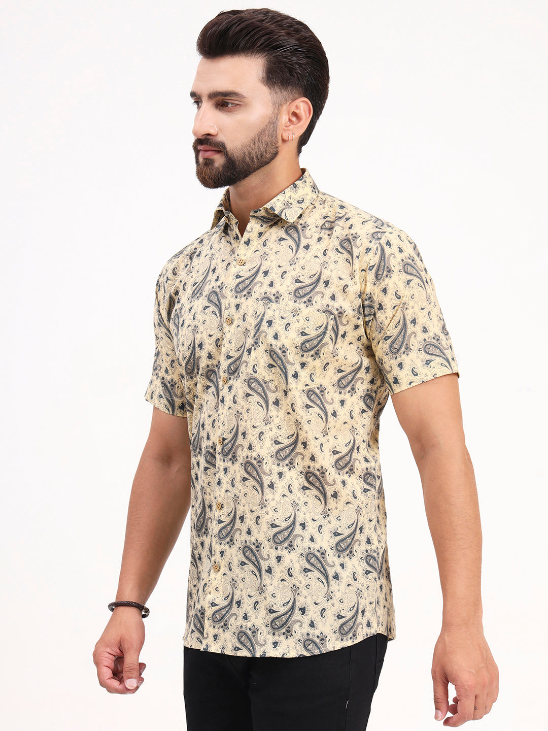 MILLENNIAL MEN Beige Paisley Printed Half Sleeves Shirt