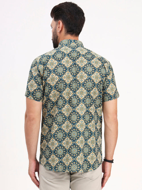 MILLENNIAL MEN Green Floral Printed Half Sleeves Shirt