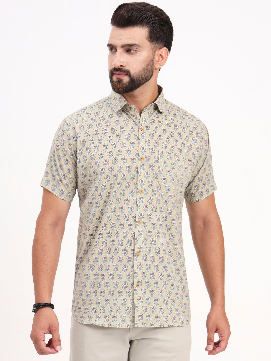 MILLENNIAL MEN Light Green Floral Printed Half Sleeves Shirt