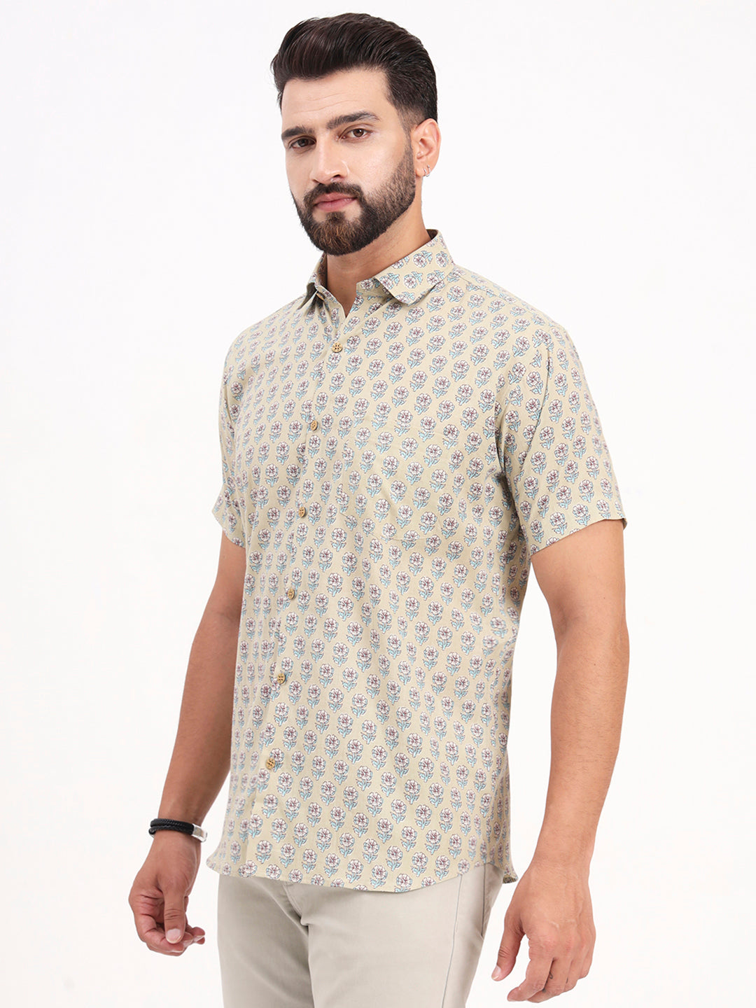 MILLENNIAL MEN Light Green Floral Printed Half Sleeves Shirt