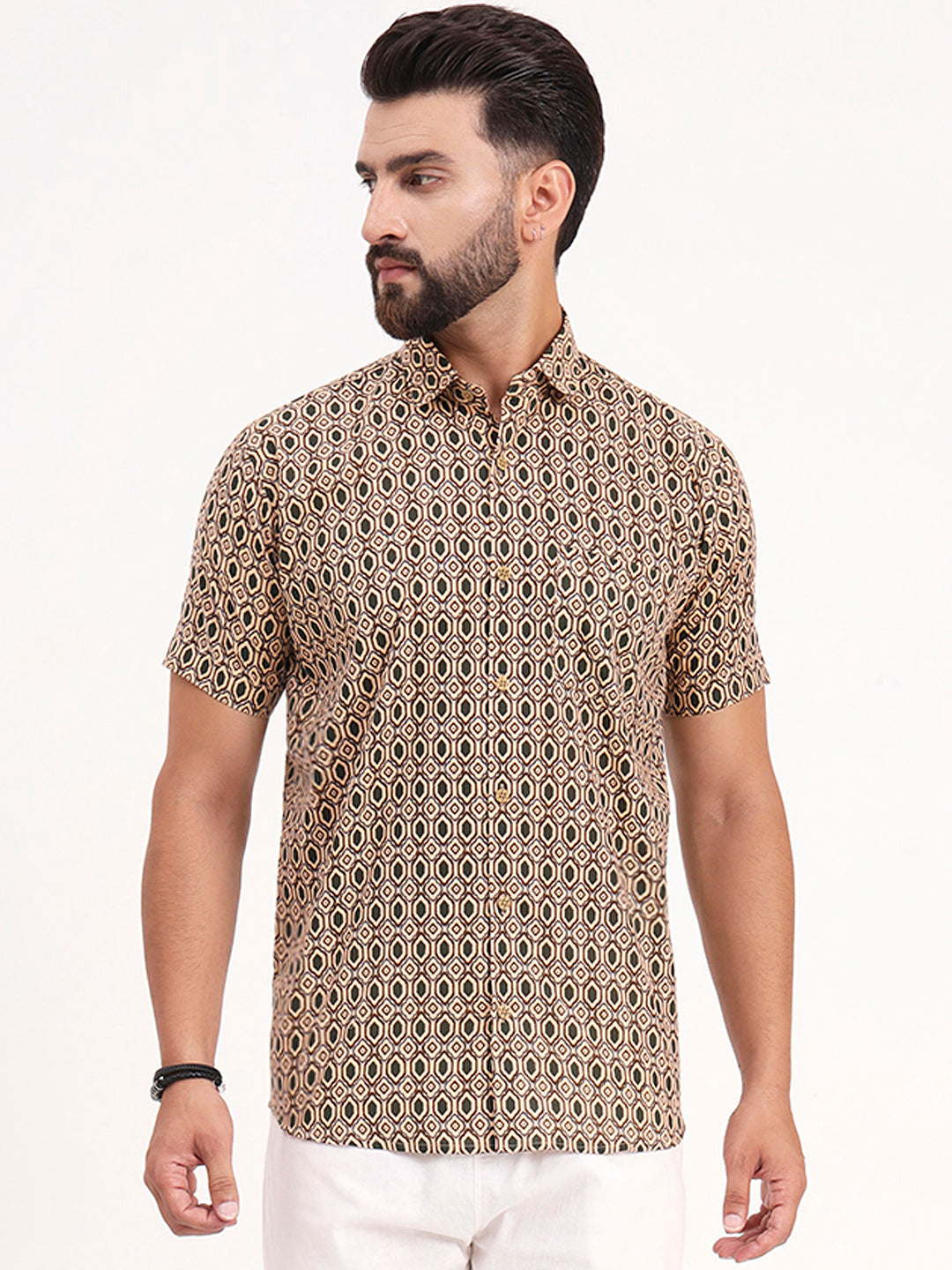 MILLENNIAL MEN Tan Beige Geometric Printed Half Sleeves Shirt