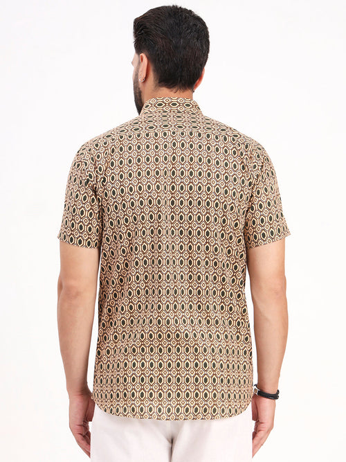 MILLENNIAL MEN Tan Beige Geometric Printed Half Sleeves Shirt
