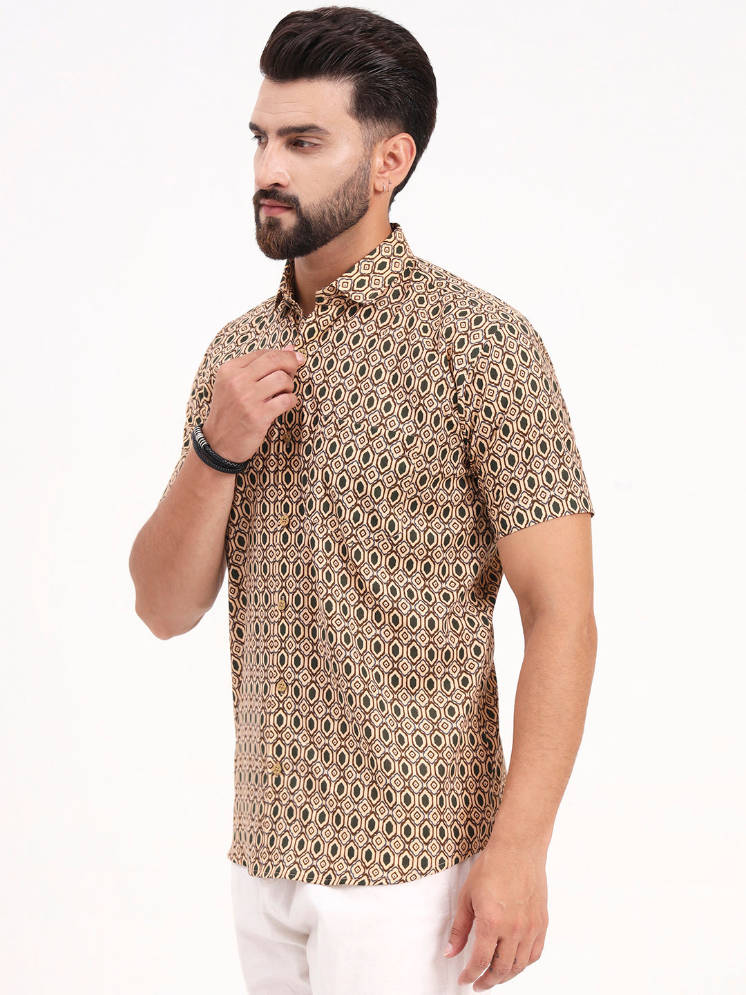 MILLENNIAL MEN Tan Beige Geometric Printed Half Sleeves Shirt