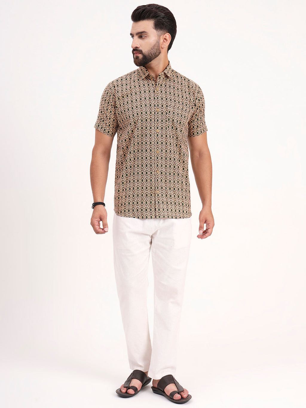 MILLENNIAL MEN Tan Beige Geometric Printed Half Sleeves Shirt