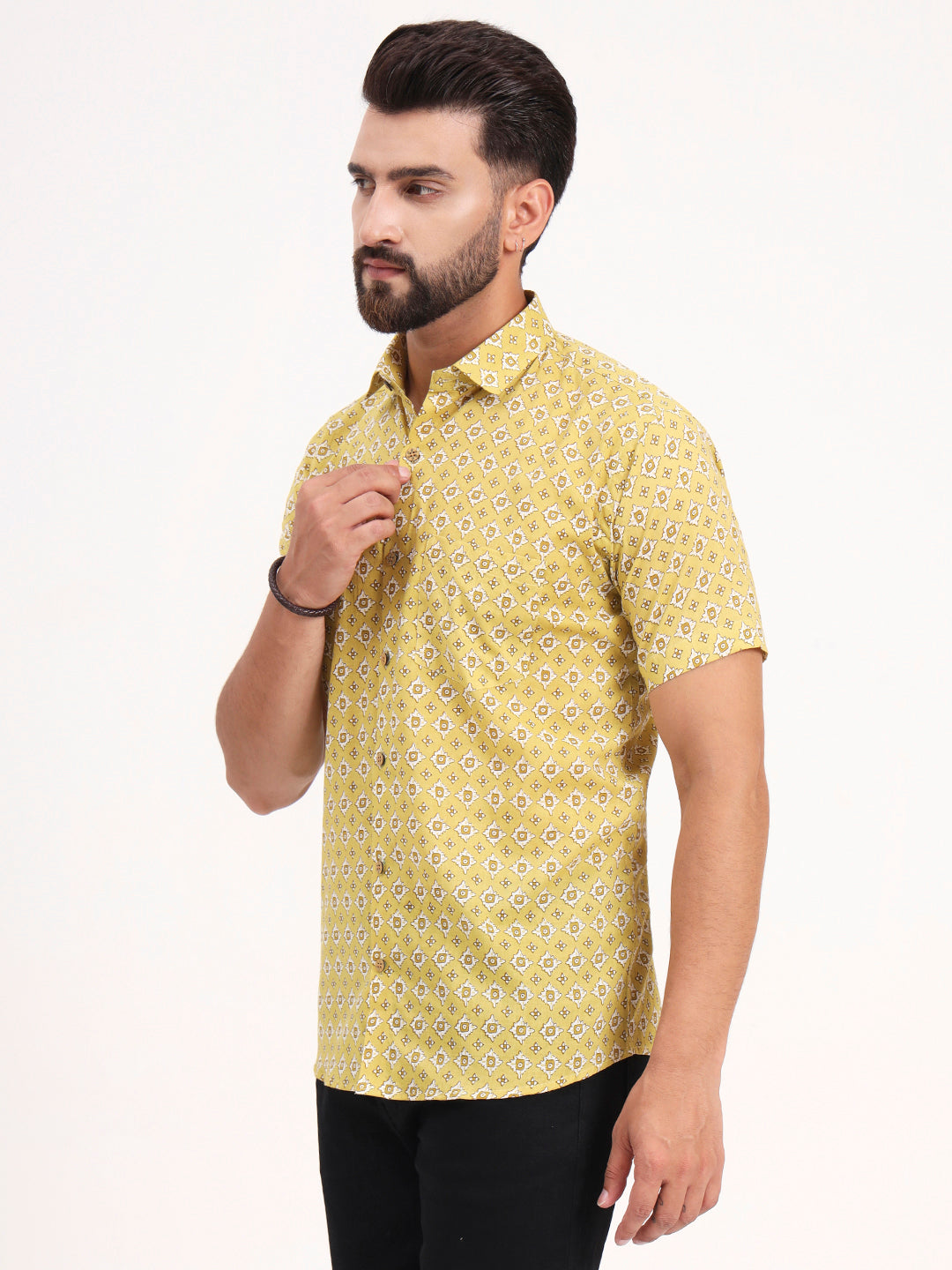 MILLENNIAL MEN Yellow Abstract Printed Half Sleeves Shirt