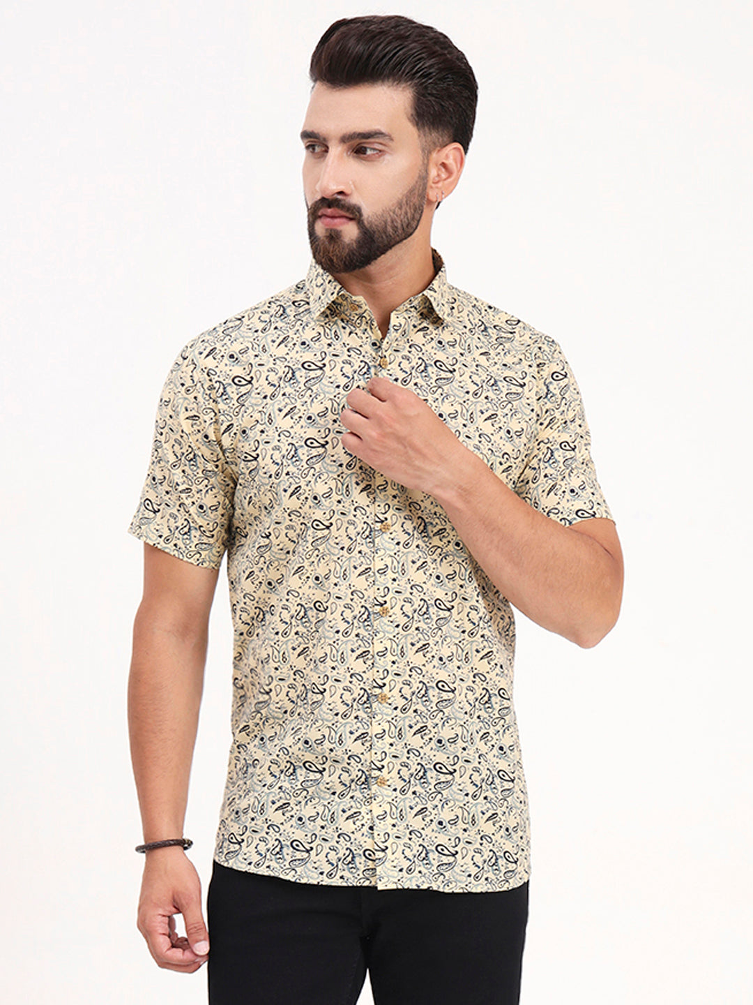 MILLENNIAL MEN Light Yellow Paisley Printed Half Sleeves Shirt