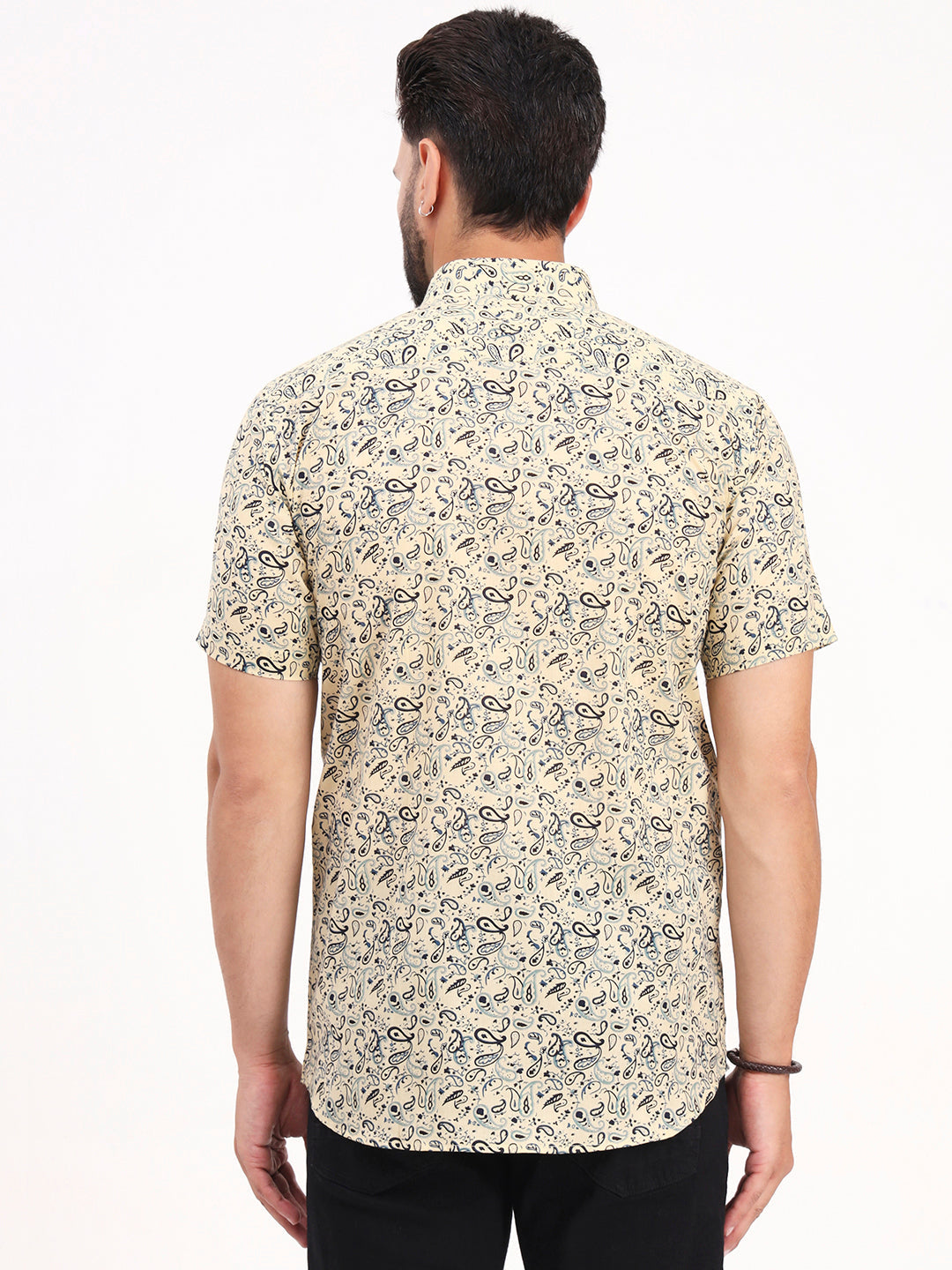 MILLENNIAL MEN Light Yellow Paisley Printed Half Sleeves Shirt