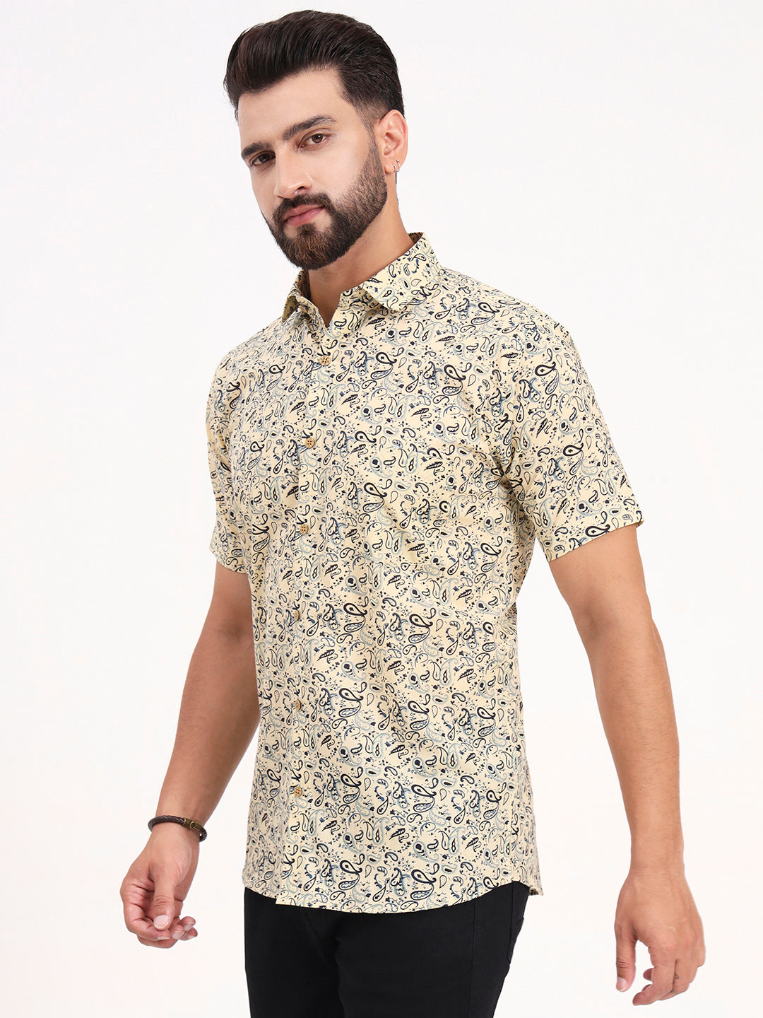 MILLENNIAL MEN Light Yellow Paisley Printed Half Sleeves Shirt