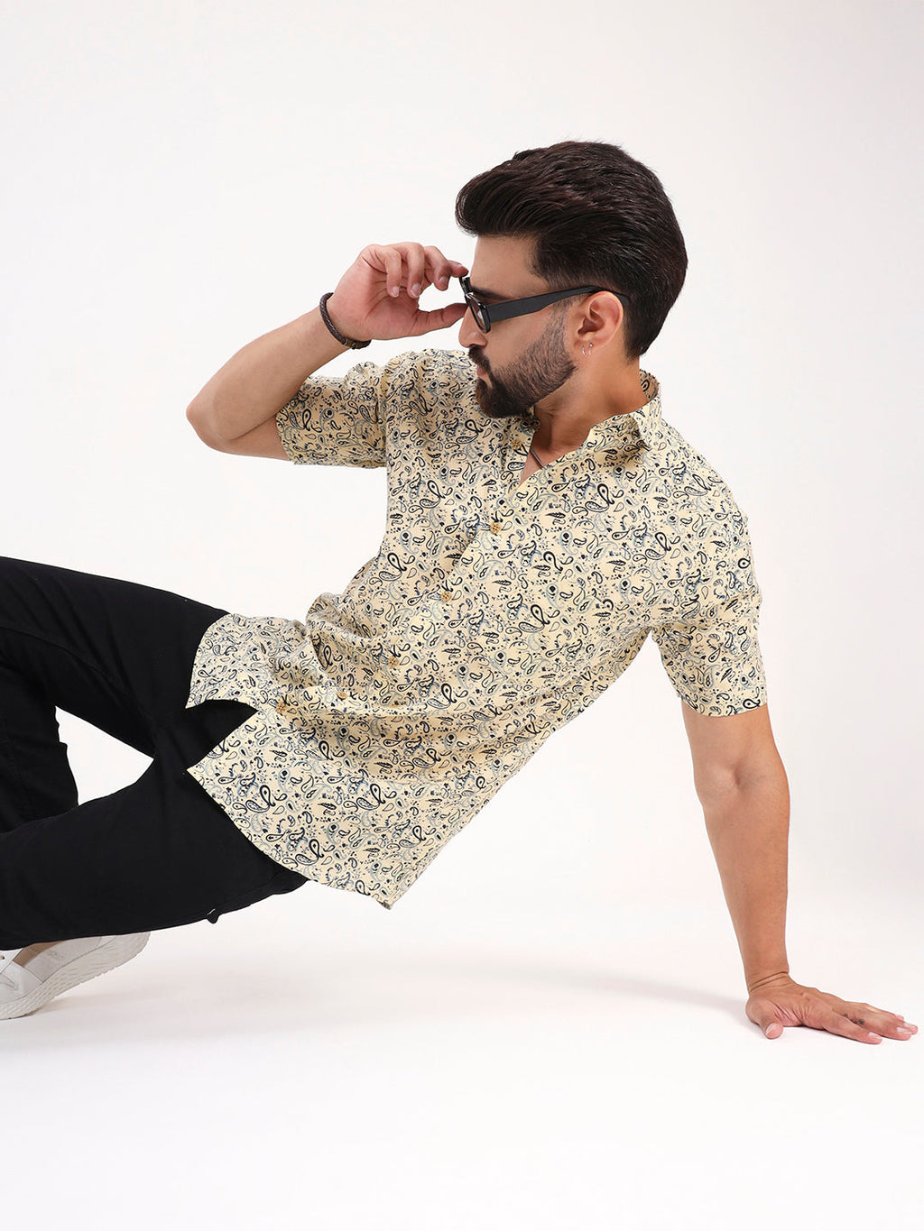 MILLENNIAL MEN Light Yellow Paisley Printed Half Sleeves Shirt