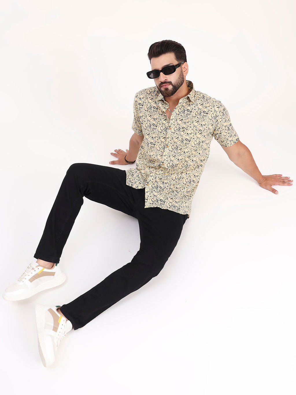 MILLENNIAL MEN Light Yellow Paisley Printed Half Sleeves Shirt