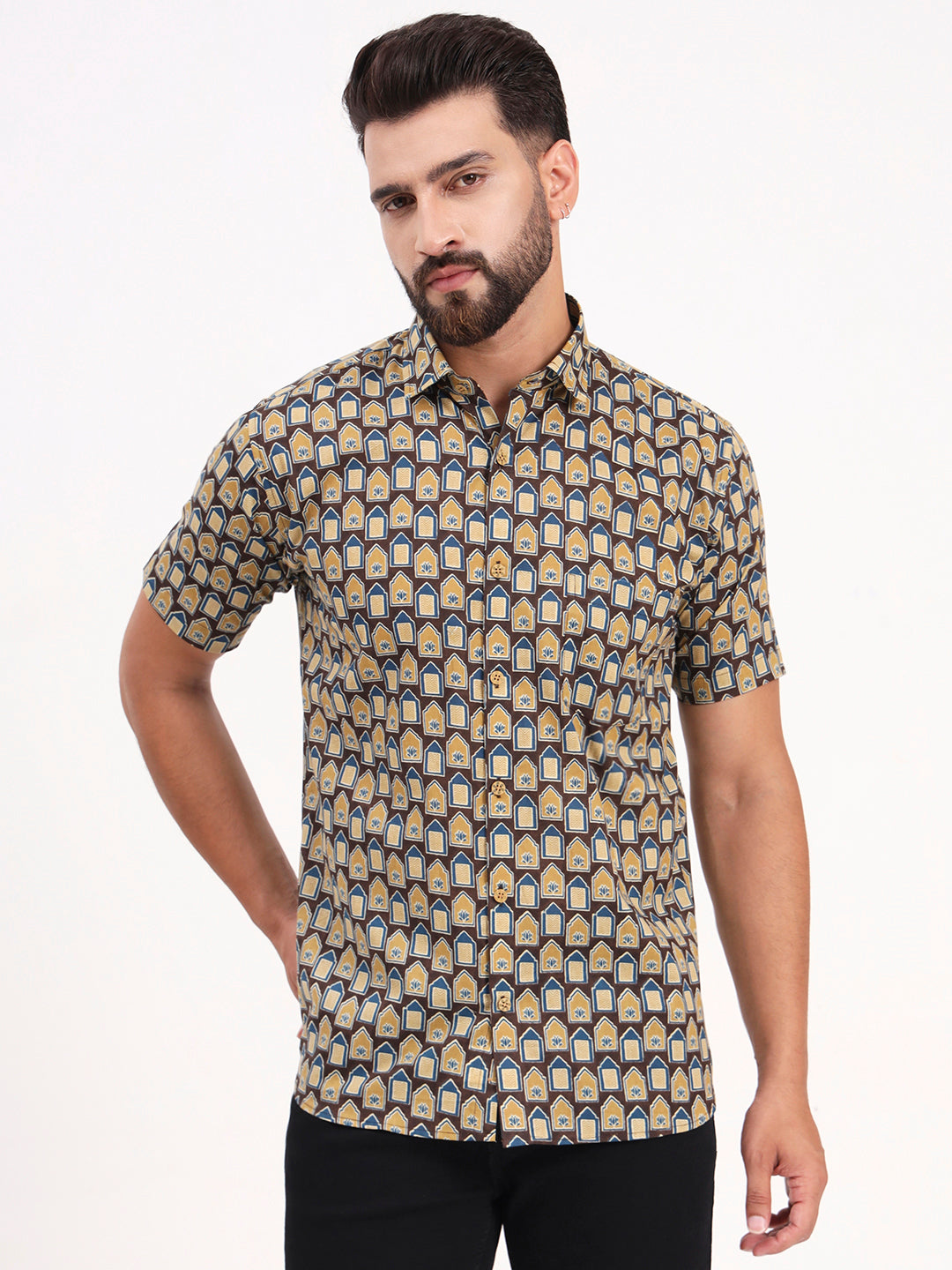 MILLENNIAL MEN Brown Abstract Printed Half Sleeves Shirt