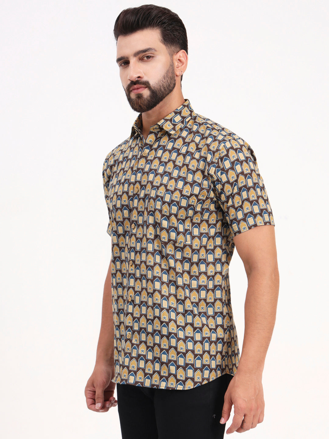 MILLENNIAL MEN Brown Abstract Printed Half Sleeves Shirt