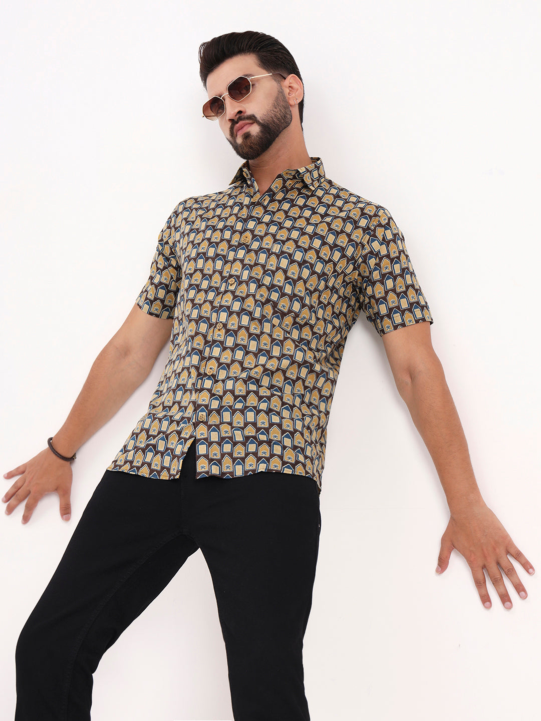 MILLENNIAL MEN Brown Abstract Printed Half Sleeves Shirt