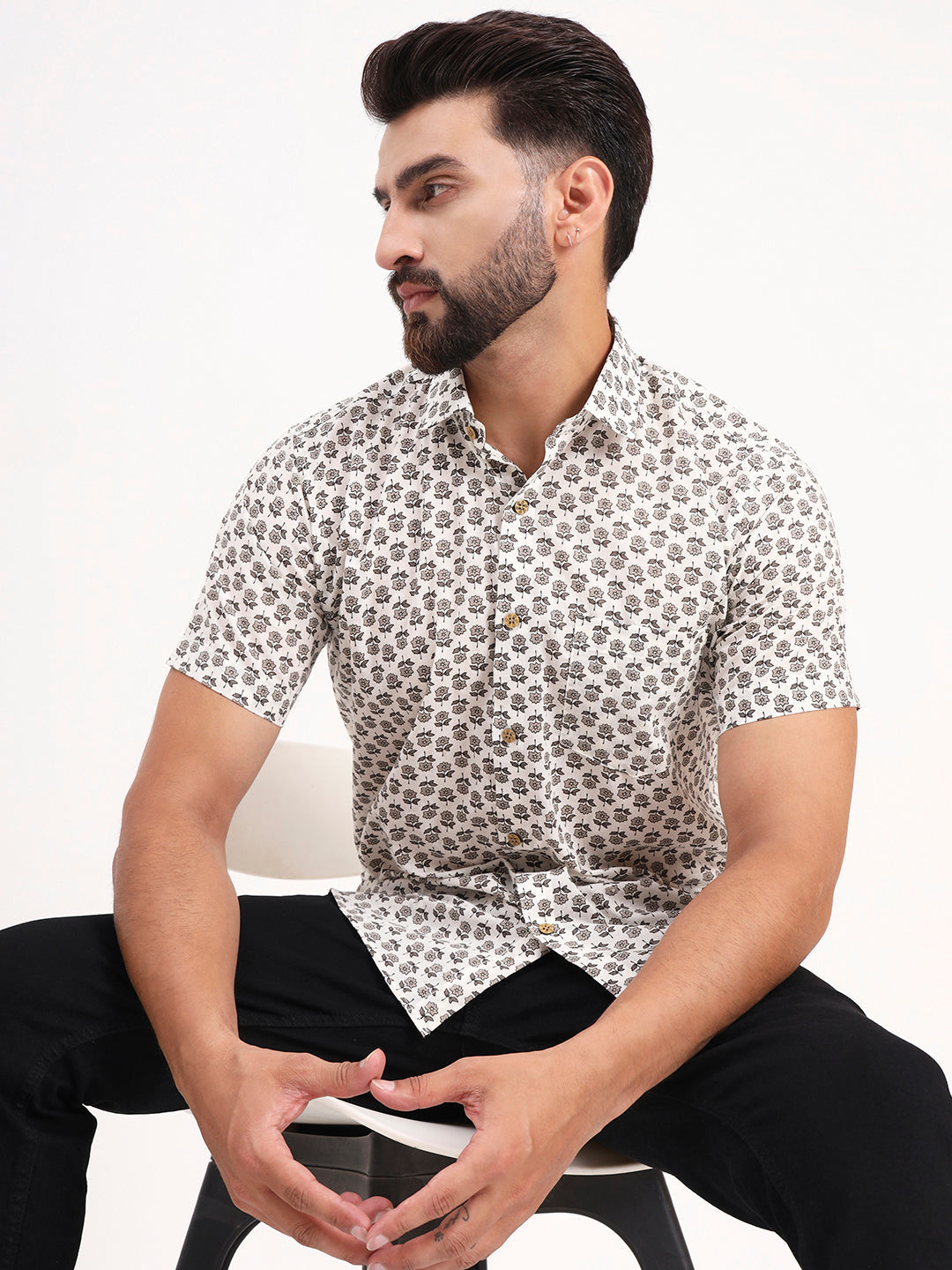 MILLENNIAL MEN White Floral Printed Half Sleeves Shirt