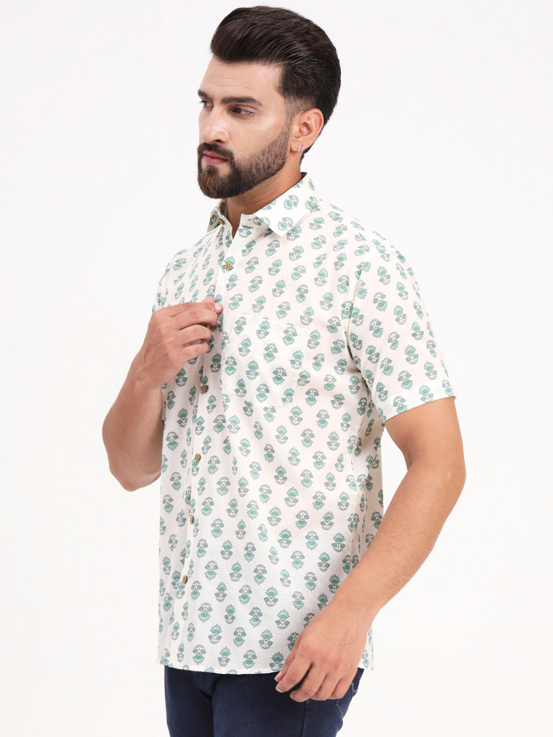 MILLENNIAL MEN Cream Floral Printed Half Sleeves Shirt