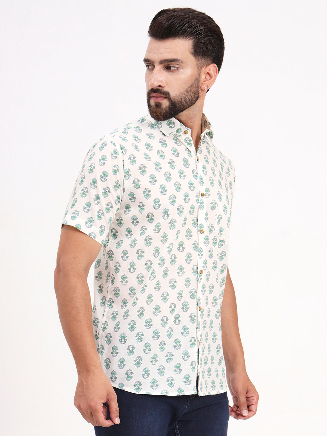 MILLENNIAL MEN Cream Floral Printed Half Sleeves Shirt