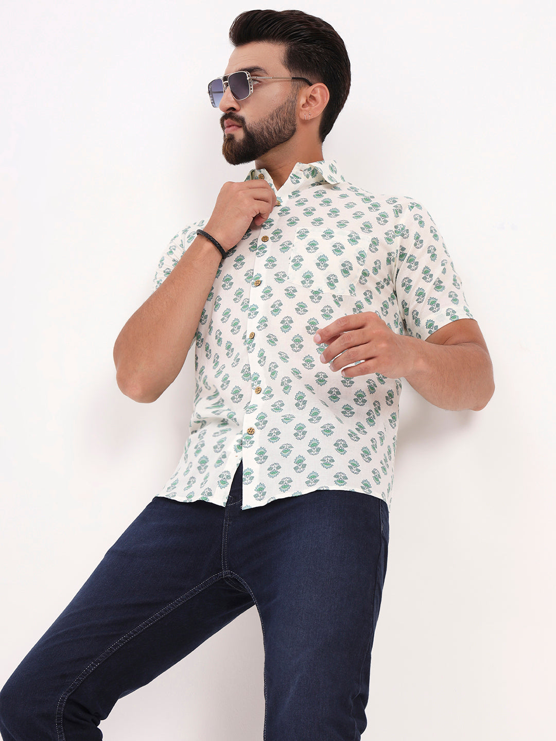 MILLENNIAL MEN Cream Floral Printed Half Sleeves Shirt