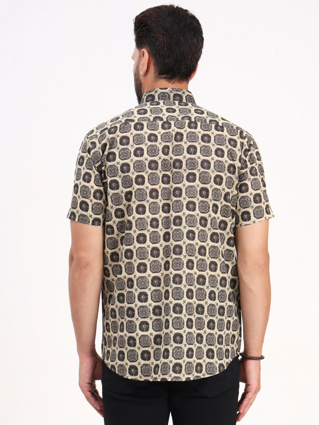 MILLENNIAL MEN Beige & Dark Grey Geometric Printed Half Sleeves Shirt