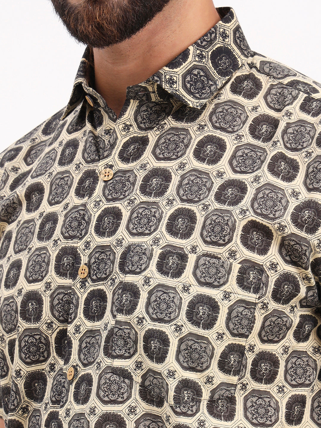 MILLENNIAL MEN Beige & Dark Grey Geometric Printed Half Sleeves Shirt