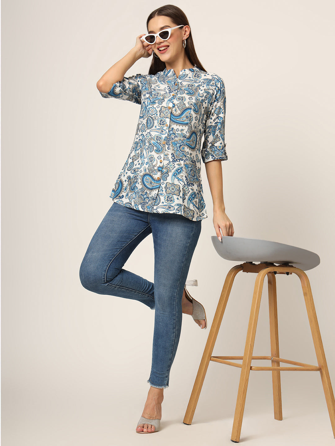Noe Velarro White & Blue Printed Rayon Fabric Shirt Style Top
