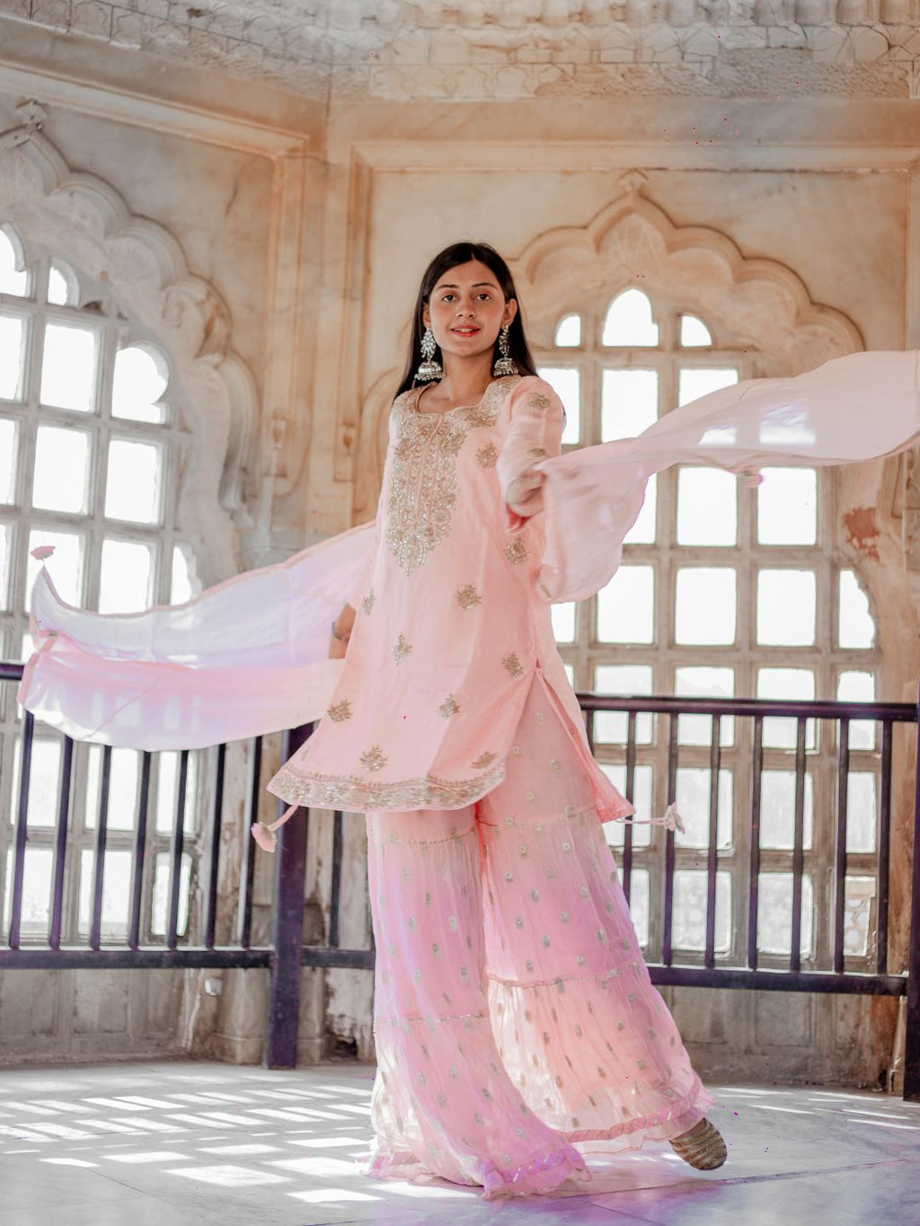 Noe Velarro Women Pink Yoke Design Zardozi Chanderi Silk Kurta with Sharara & With Dupatta
