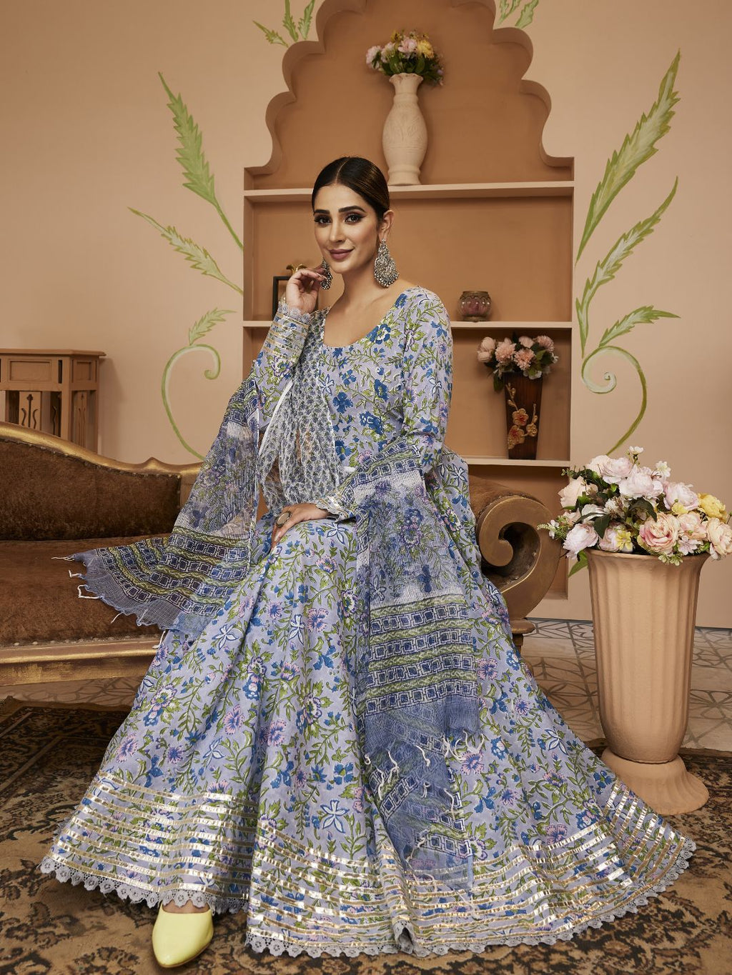 Noe Velarro Handblock Floral Printed Blue Anarkali Cotton Kurta With Trousers & Dupatta