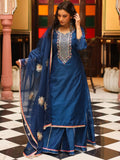 Noe Velarro Blue Solid Chenderi Kurta Skirt Set with Dupatta