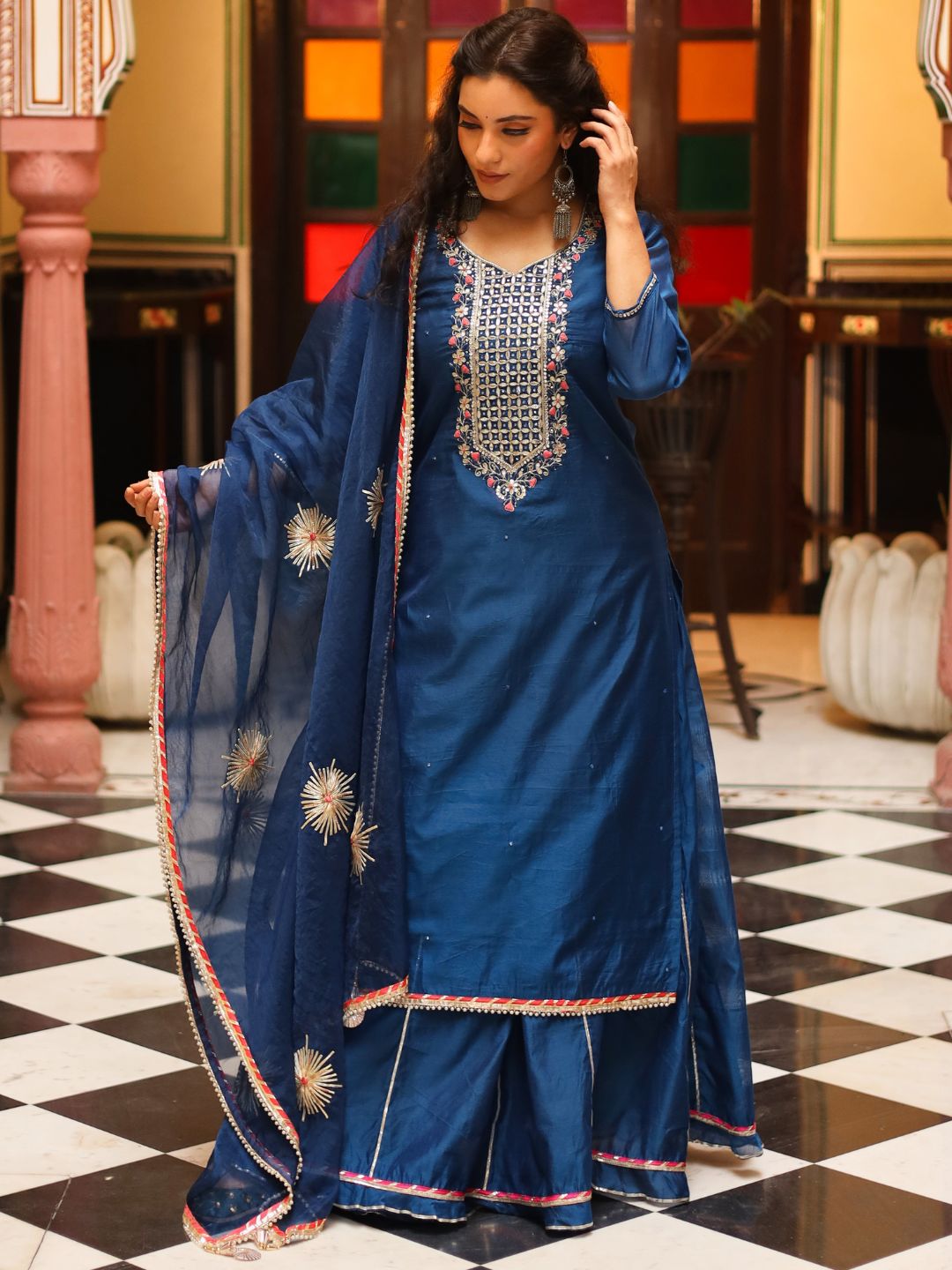 Noe Velarro Blue Solid Chenderi Kurta Skirt Set with Dupatta