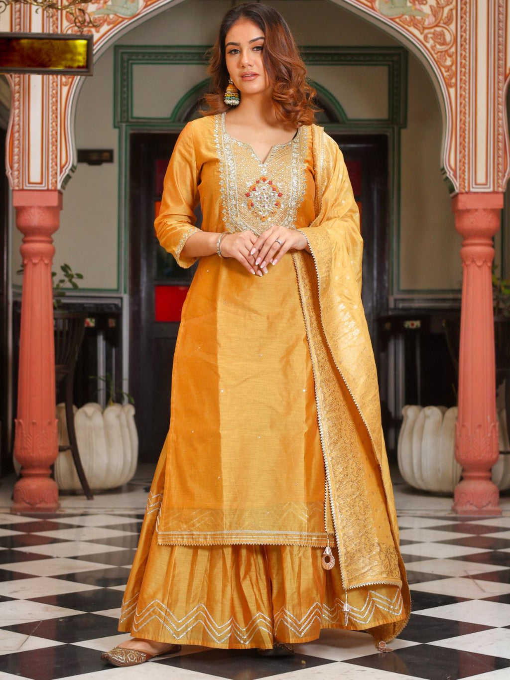 Noe Velarro Yellow Gold Embroidered Chenderi Kurta Sharara Set with Dupatta