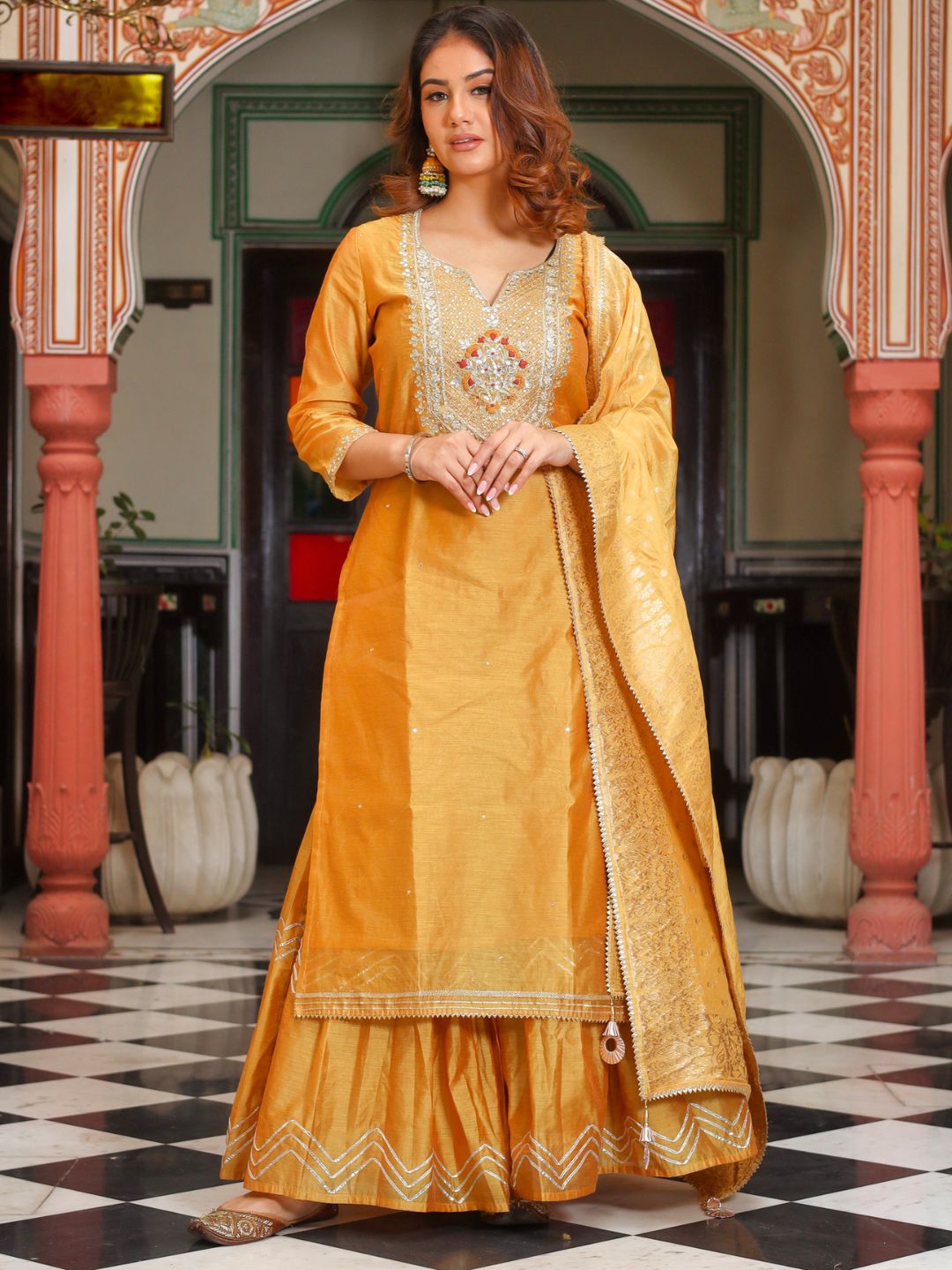 Noe Velarro Yellow Gold Embroidered Chenderi Kurta Sharara Set with Dupatta