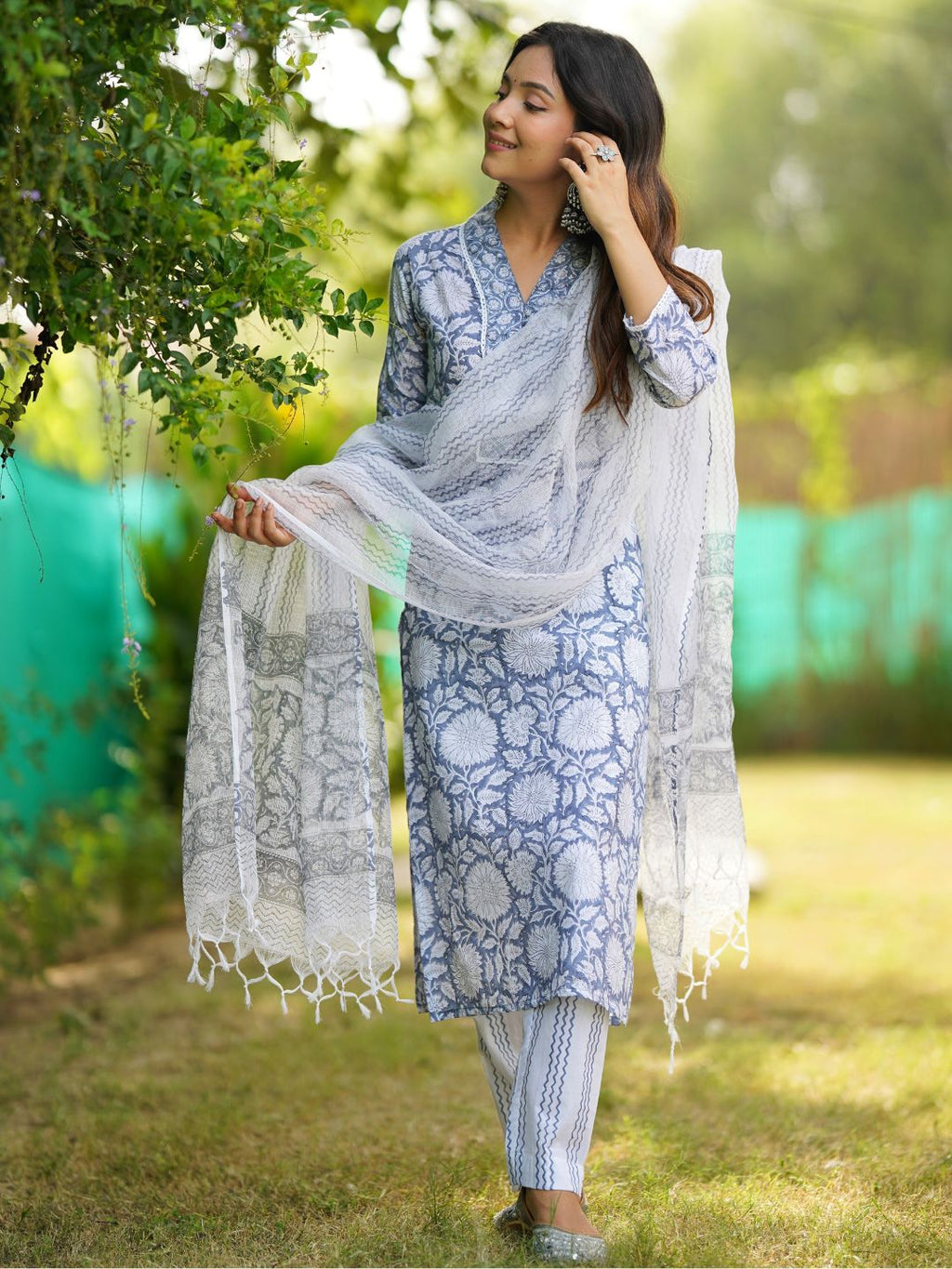 Noe Velarro Sky blue Hand Block Printed Straight kurta Pant Set with Dupatta