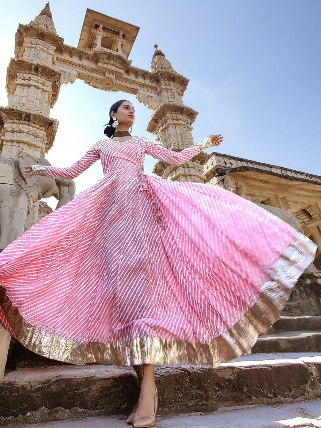 Noe Velarro Pink Leheriya Cotton Anarkali With Copper Lace